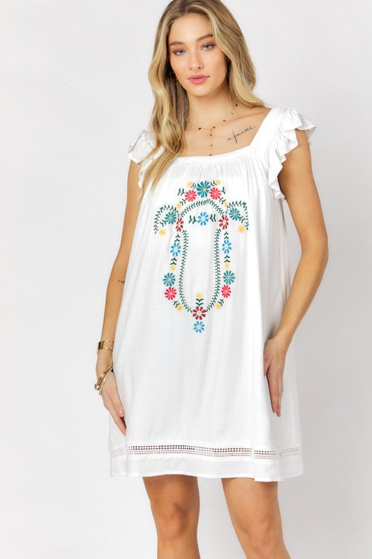 EMBROIDERED SQUARE NECK MINI DRESS