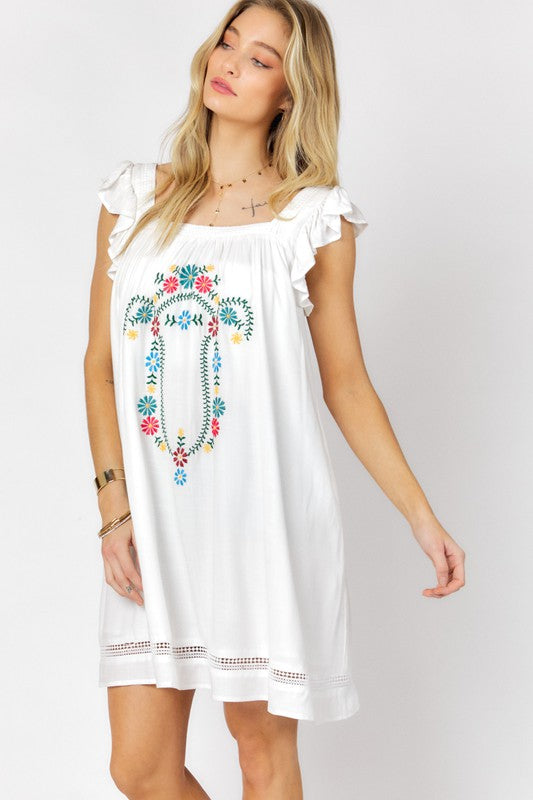 EMBROIDERED SQUARE NECK MINI DRESS